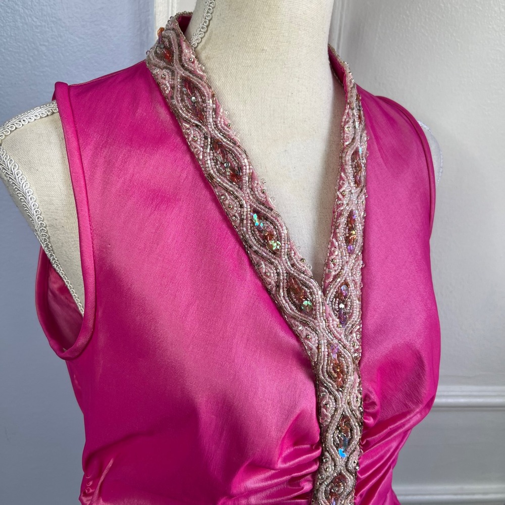Y2K Vintage TADASHI Top Ruched Beaded Sequins Metallic Hot Pink Women's Size 12 - Picture 4 of 9